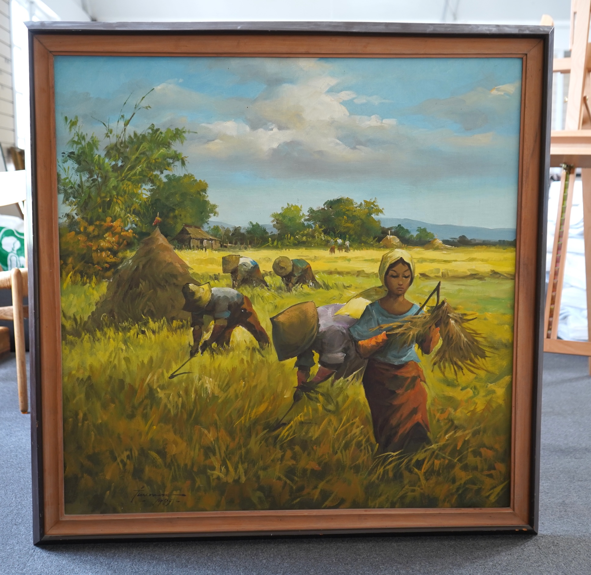 Far Eastern School, 20th century, Harvest scene with figures, signed and dated 1987, oil on canvas, 90 x 90cm